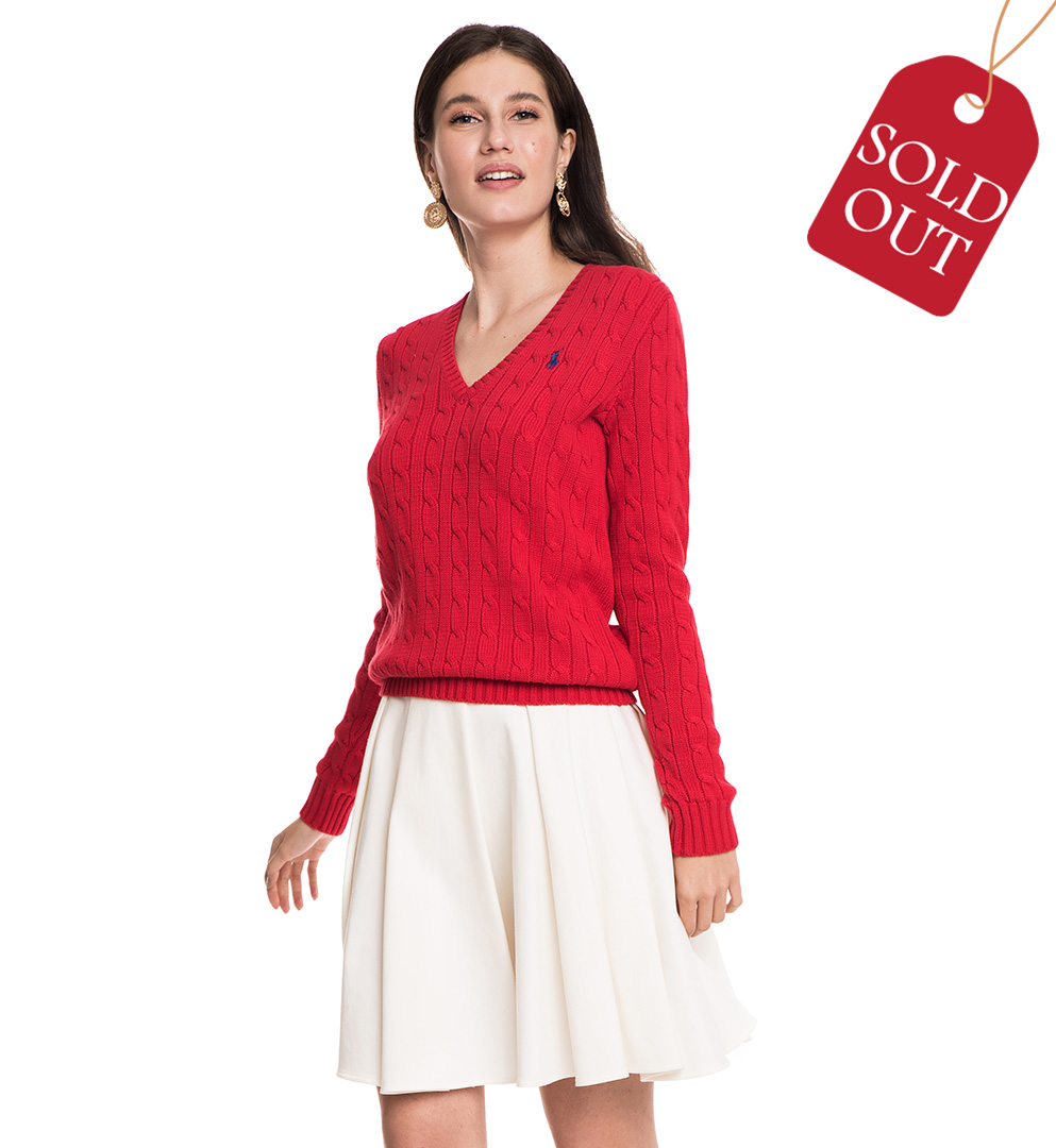 Ralph Lauren sport women Pony logo cable knit V-neck sweater red - The  Dresser