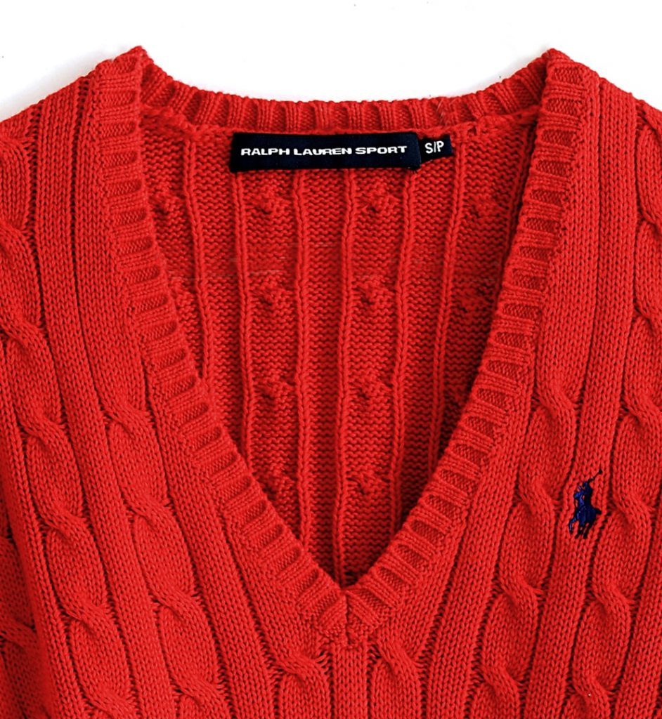 Ralph Lauren sport women Pony logo cable knit V-neck sweater red