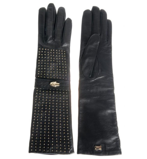 Long black leather gloves with metallic applications Class Roberto ...