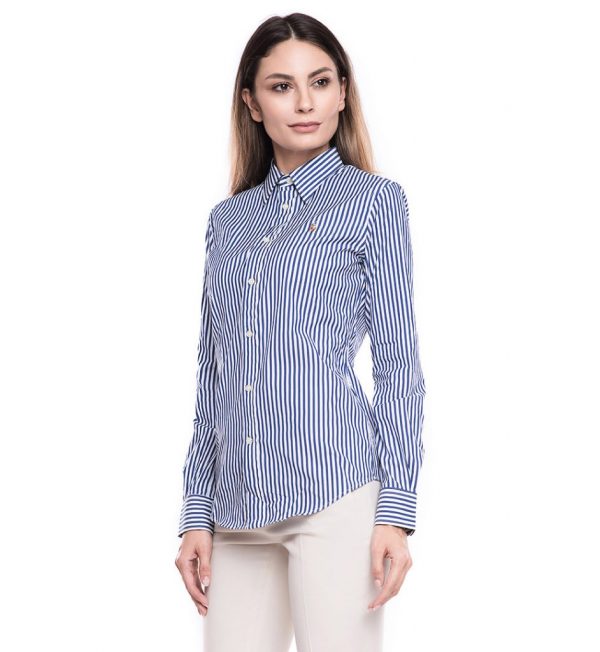 Camasa din bumbac in dungi navy blue si albe