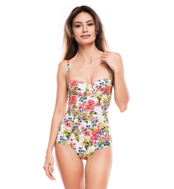 Costum de baie intreg, alb cu imprimeu floral colorat