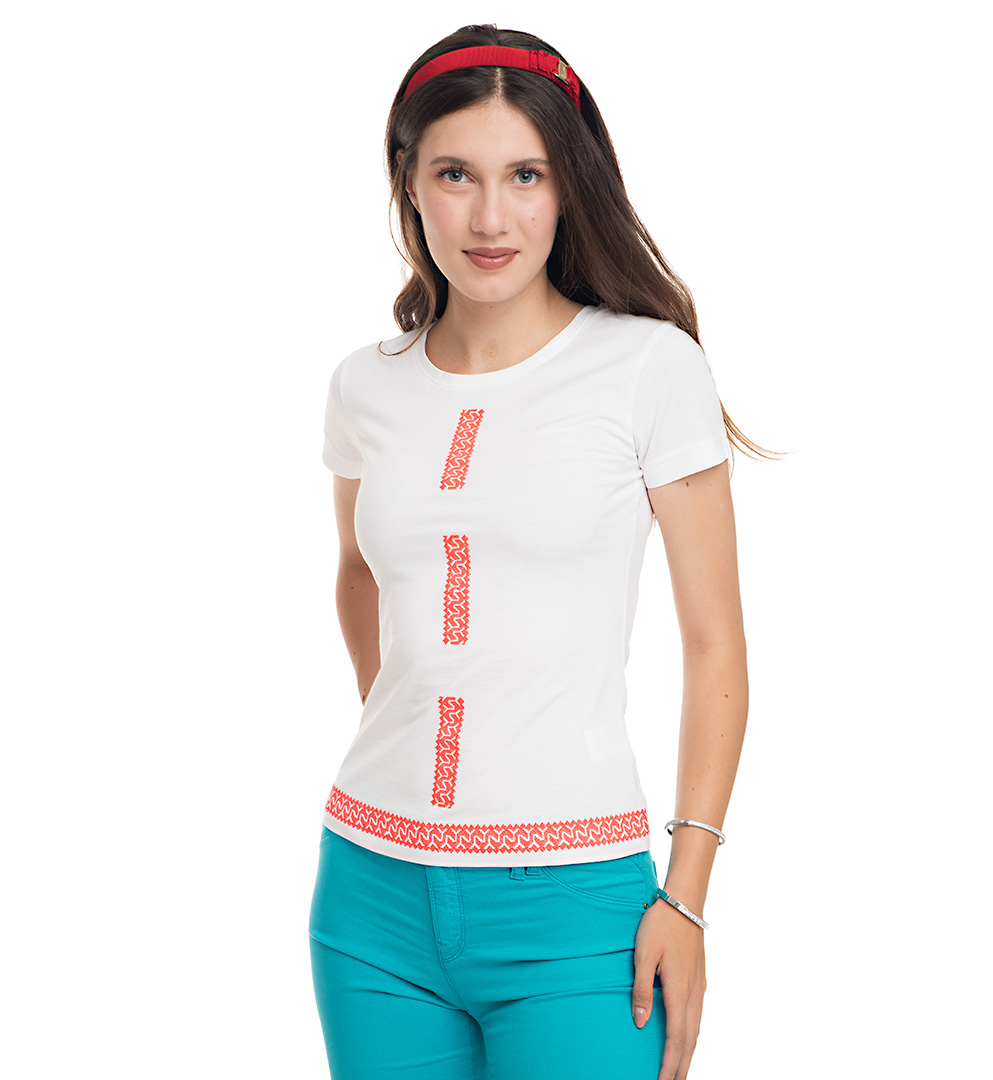 Tricou broderie rosu neon