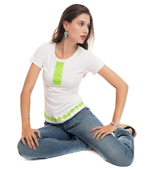 Tricou broderie dreptunghiulara verde neon