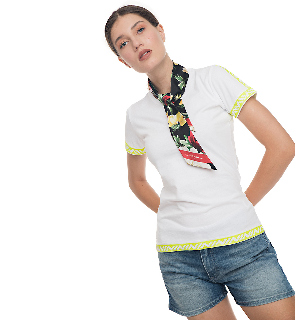 Tricou alb din bumbac broderie galben neon