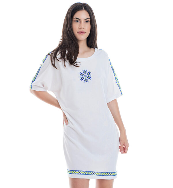 Rochie alba din bumbac broderie galben neon si albastru electric