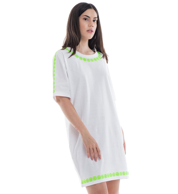 Rochie alba din bumbac broderie verde neon